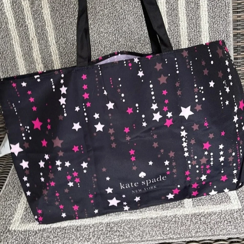 Kate Spade Black Multi Color with Light and Dark Pink Stars Canvas Tote XL Reusa - Picture 2 of 16